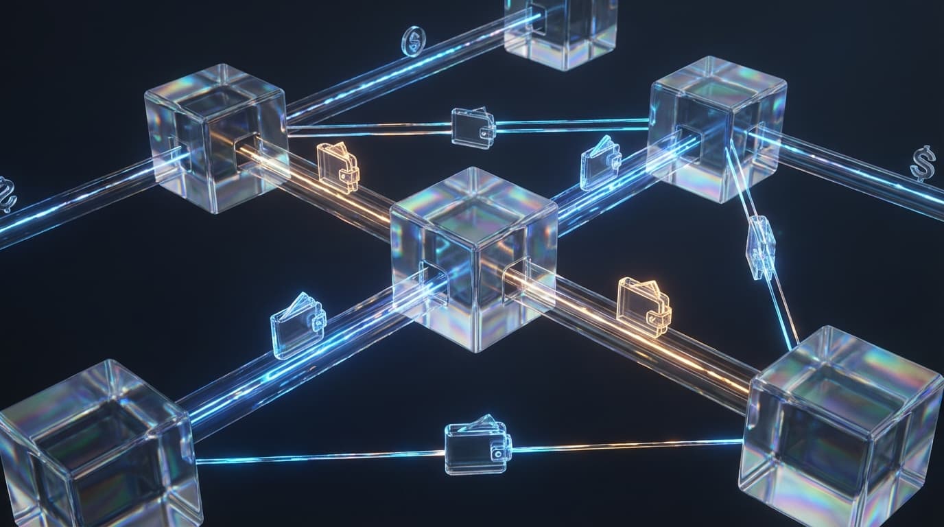 A futuristic network of autonomous AI agents connected by glowing payment channels and stablecoin flows on a dark digital grid