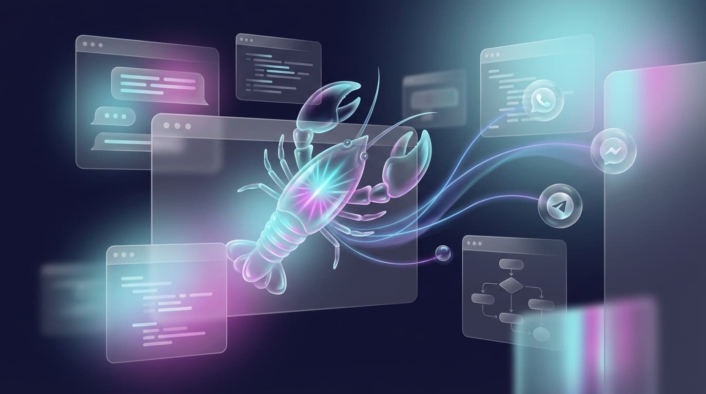 A glowing AI lobster agent emerging from glassmorphic terminal interfaces connected to messaging platforms