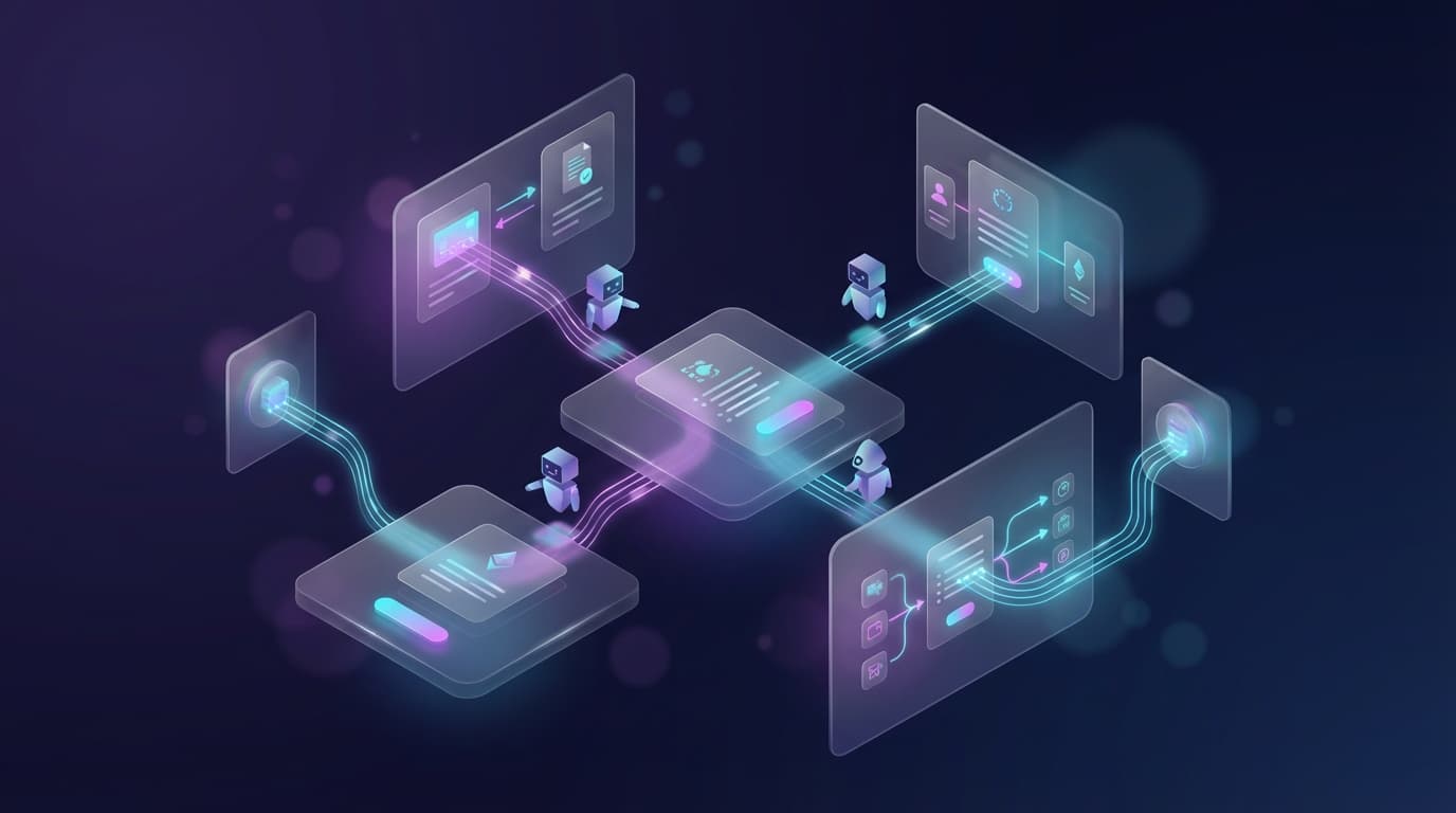 Autonomous AI agents transacting in a futuristic digital marketplace with holographic interfaces and interconnected data streams